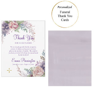 Cartão De Agradecimento Funeral de Rosas Lilás e Pintadas