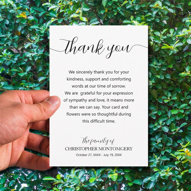 Cartão De Agradecimento Funeral de Script Elegante (Simple funeral thank you cards are 3.5" x 5" or choose a different size)