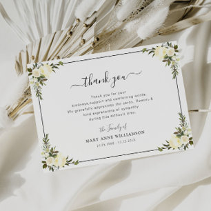 Cartão De Agradecimento funeral de script floral branco, obrigado nota