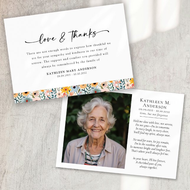 Cartão De Agradecimento Funeral de Script Floral de Foto (Criador carregado)