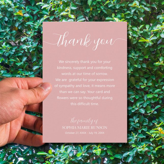 Cartão De Agradecimento Funeral de Script na moda (Simple pink funeral thank you cards are 3.5" x 5" or choose a different size)