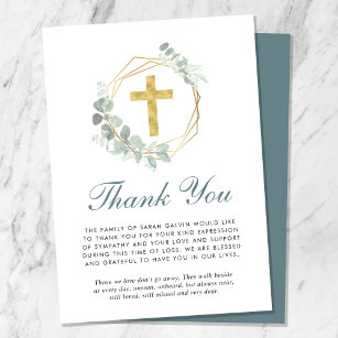 Cartão De Agradecimento Funeral Elegante Dourado Cross Eucalyptus