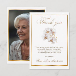 Cartão De Agradecimento Funeral Elegante Foto de Orquídea Branca Dourada