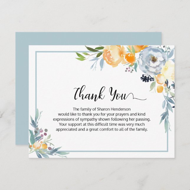 Cartão De Agradecimento Funeral Floral Azul Simples Obrigado (Frente/Verso)