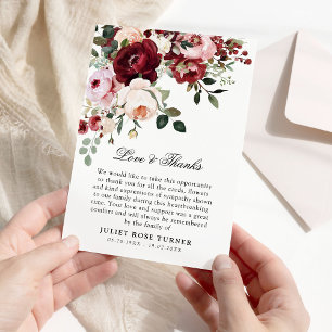 Cartão De Agradecimento Funeral Floral Elegante Burgundy & Blush Watercolo