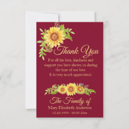 Cartão De Agradecimento Funeral Floral Watercolor Sunflower Burgundy