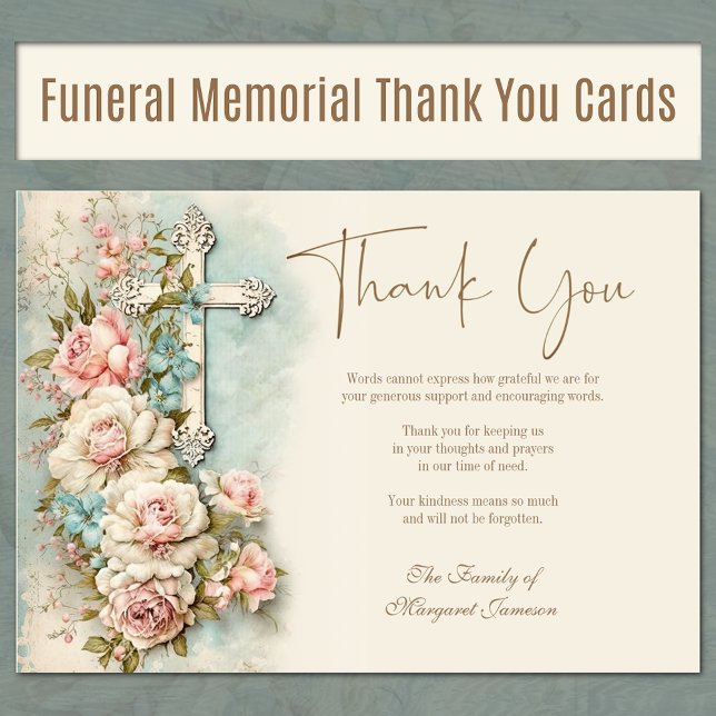 Cartão De Agradecimento Funeral Memorial Floral Cross Religioso (Christian Floral Funeral Memorial Service Thank You Cards)