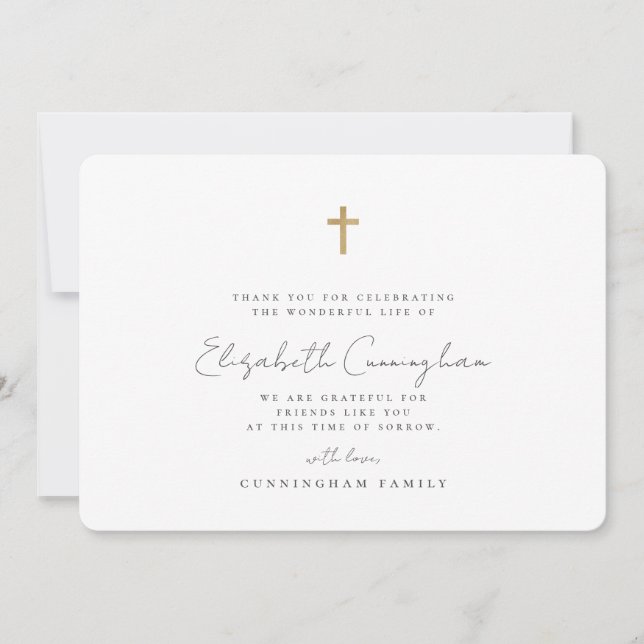 Cartão De Agradecimento Funeral Memorial Modern Simple Faux Dourada Cruz (Frente)