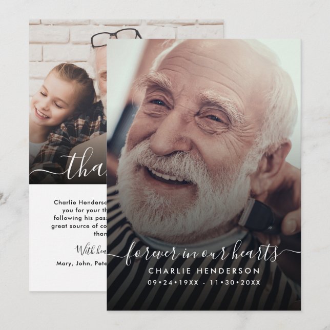 Cartão De Agradecimento Funeral/Morte de 2 Fotografias com Script Manuscri (Frente/Verso)