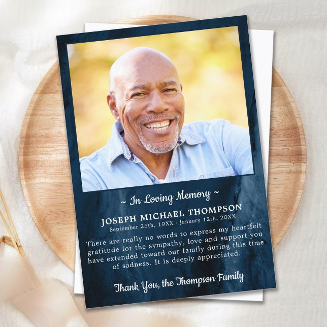 Cartão De Agradecimento Funeral OBRIGADO Foto Simpatia Azul Marble (Criador carregado)