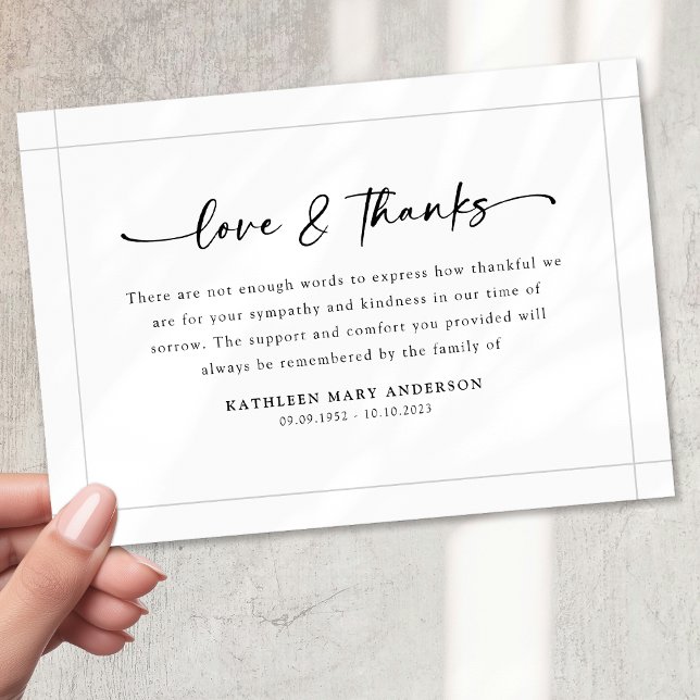 Cartão De Agradecimento Funeral Simples de Script Branco Preto (Criador carregado)