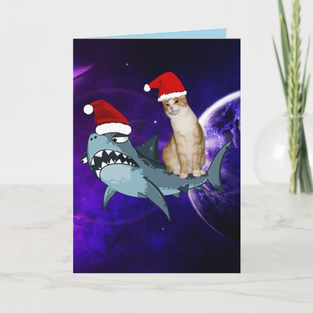 CARTÃO DE AGRADECIMENTO FUNNY CHRISTMAS SPACE CAT & SHARK GREETING CARD (Frente)