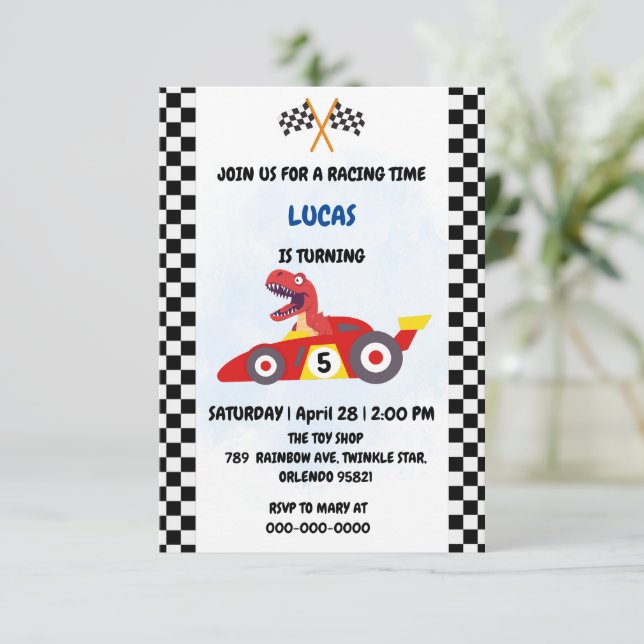 Cartão De Agradecimento Funny Dinosaur, aniversário de criança de carro de (Em pé/Frente)