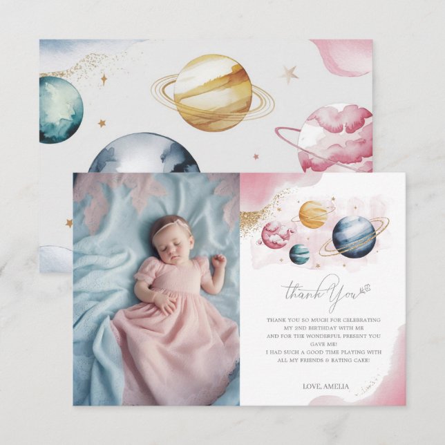 Cartão De Agradecimento Galáxias de Aniversário de Rapariga do Espaço Exte (Frente/Verso)