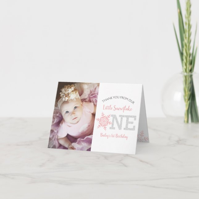 Cartão De Agradecimento Garota primeiro aniversario Rosa-Rosa-Floco de Nev (Frente)