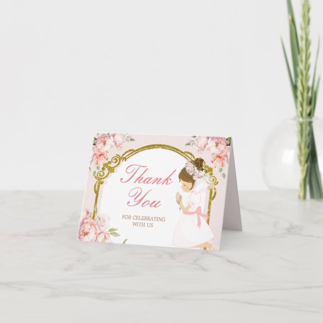 Cartão De Agradecimento Garota Rezando Dourada Primeira Comunhão Dourada (Frente)