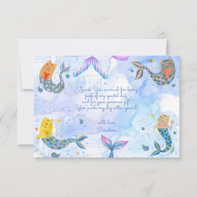 Cartão De Agradecimento Gata sereia aquarela menina aniversário infantil (Frente)