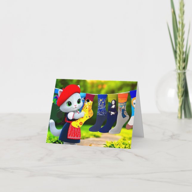 Cartão De Agradecimento Gatinho De Arte Saindo De Meias De Arte (Frente)