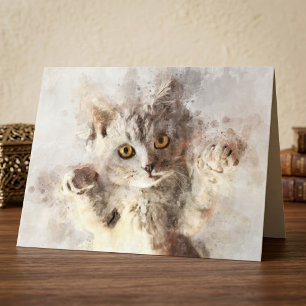 Cartão De Agradecimento Gatinho Divertido em Aquarela com Olhos Amarelos B
