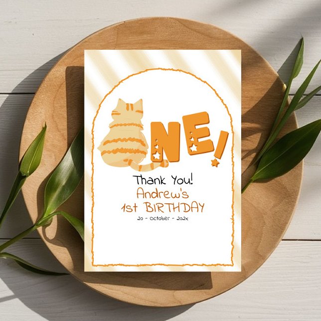 Cartão De Agradecimento Gatinho Laranja Gordinho Fofo Listras 1º Aniversár (Criador carregado)