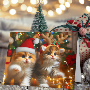 Cartão De Agradecimento Gatinhos bonitos com Papai Noel e chapéus de rena 