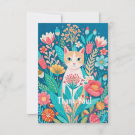 Cartão De Agradecimento Gato branco fofo desenhado à mão e flores