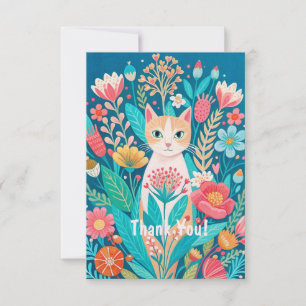 Cartão De Agradecimento Gato branco fofo desenhado à mão e flores