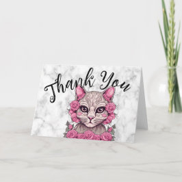 Cartão De Agradecimento Gato com Rosas Rosa