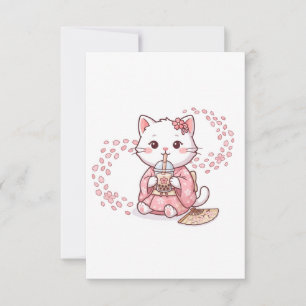 Cartão De Agradecimento Gato Fofo Bebendo Chá de Bolhas de Sakura