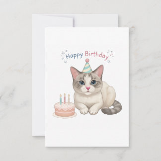 Cartão De Agradecimento Gato Fofo de Aniversário com Bolo e Chapéu de Fest