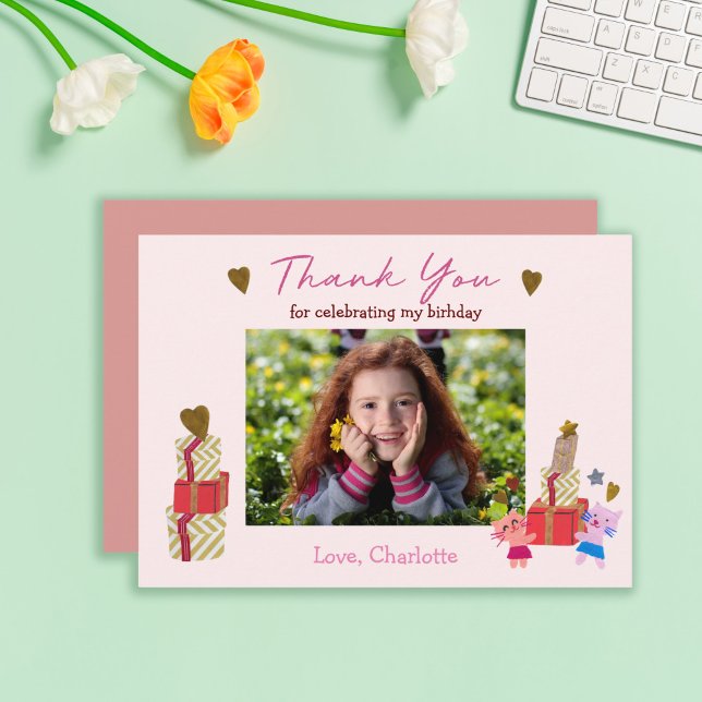 Cartão De Agradecimento Gato fofo e presentes | Festa de aniversário rosa (Criador carregado)