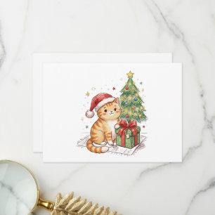 Cartão De Agradecimento Gato Ginger Fofo Chapéu de Papai Noel Enfeite de N