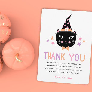 Cartão De Agradecimento Gato Preto de Bruxa Fofo Pastel Obrigado Aniversár