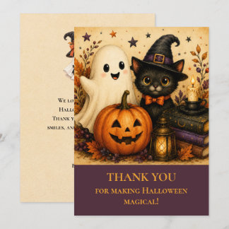 Cartão De Agradecimento Gato Preto Fantasma Fofo no Halloween