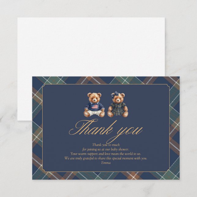 Cartão De Agradecimento Gender Reveal Thank You Card Navy Plaid Teddy Bear (Frente/Verso)
