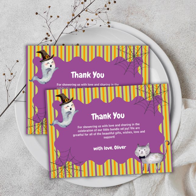 Cartão De Agradecimento Ghost Ghost Caiu no Chá de fraldas de outono (Cute Little Boo Ghost Cat Fall Autumn Baby Shower Thank You Card)