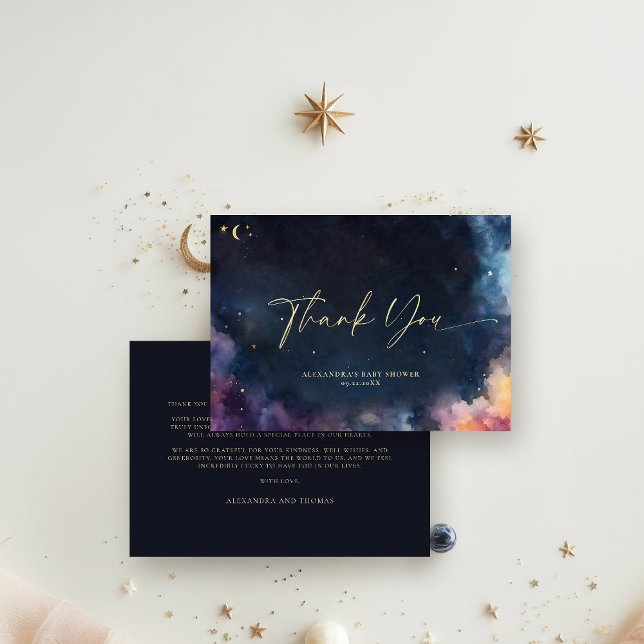 Cartão De Agradecimento Gift Celestial Stars Galáxia Cósmica Azul Meia-Noi (celestial baby shower thank you twinkle star moon cosmos galaxy dark navy blue gold foil invite)
