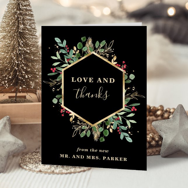 Cartão De Agradecimento Gilded Greenery Black | Casamento de Natal (An elegant thank you card for your Christmas wedding)