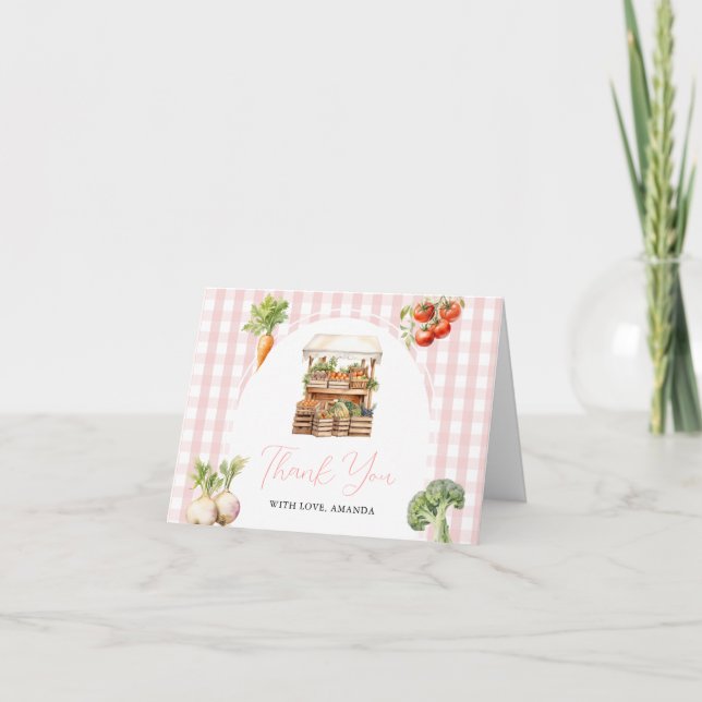 Cartão De Agradecimento Gingham, Chá de fraldas de mercado fresco, crescid (Frente)