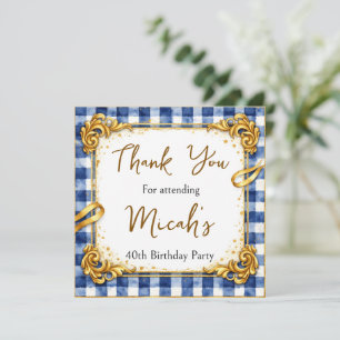Cartão De Agradecimento Gingham Dourado Azul Branco Luxo Moderno Tendência