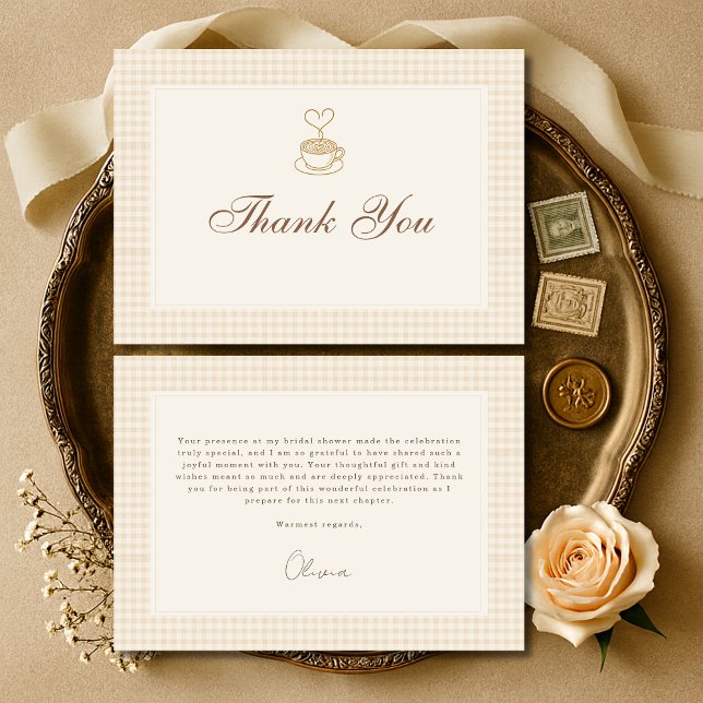 Cartão De Agradecimento Gingham Love is Brewing Coffee Bridal Shower (Criador carregado)