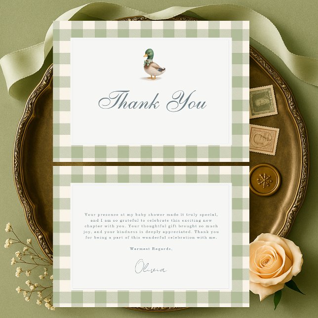 Cartão De Agradecimento Gingham Sage Green Mallard Duck Bow Baby Shower (Criador carregado)