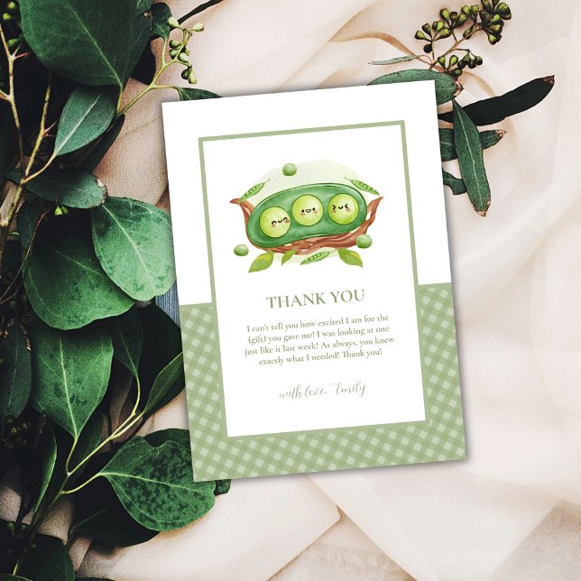 Cartão De Agradecimento Gingham Verde Bastante Ervilha Doce Em Chá de fral (Cute Gingham Greenery Sweet Pea In Pod Baby Shower Thank You Card)