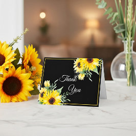 Cartão De Agradecimento Girassóis em aquarela em casamento preto  