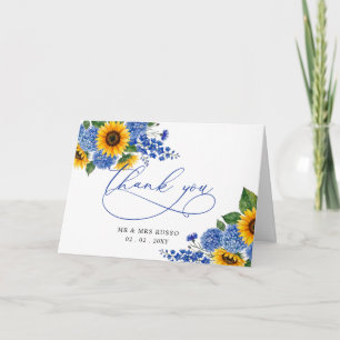 Cartão De Agradecimento Girassóis Florais Azul Real Casamento Moderno