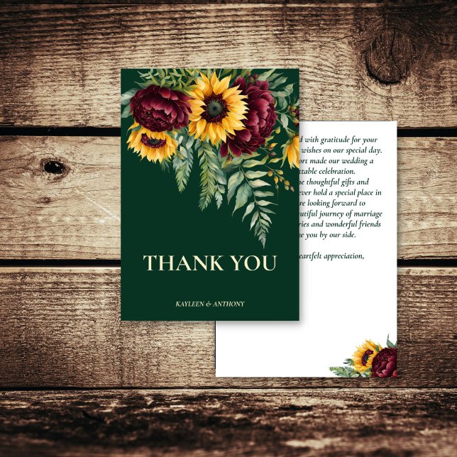 Cartão De Agradecimento girassóis verdes-casamentos outono (Fall summer wedding emerald green rustic sunflowers burgundy flowers thank you card )