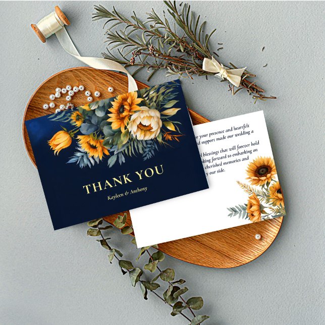 Cartão De Agradecimento girassol azul-rústico do marinho do casamento outo (Fall wedding navy blue rustic sunflower thank you cards floral yellow blue thank you cards)