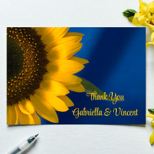Cartão De Agradecimento Girassol no obrigado liso do casamento azul você