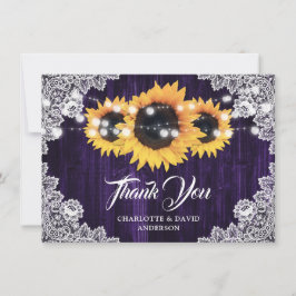 Cartão De Agradecimento Girassol Roxo Floral em Madeira Lace Casamento