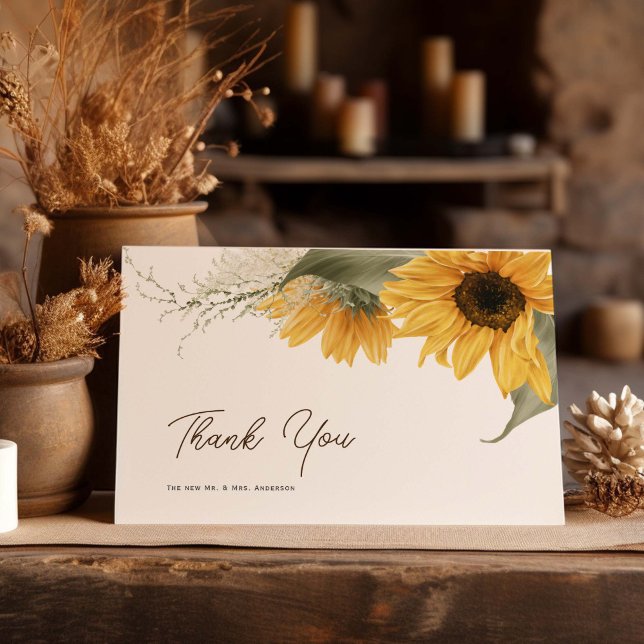Cartão De Agradecimento Girassol Russo, Casamento outono (Rustic, Sunflower themed, Wedding Thank you cards, A2 folded cards.)